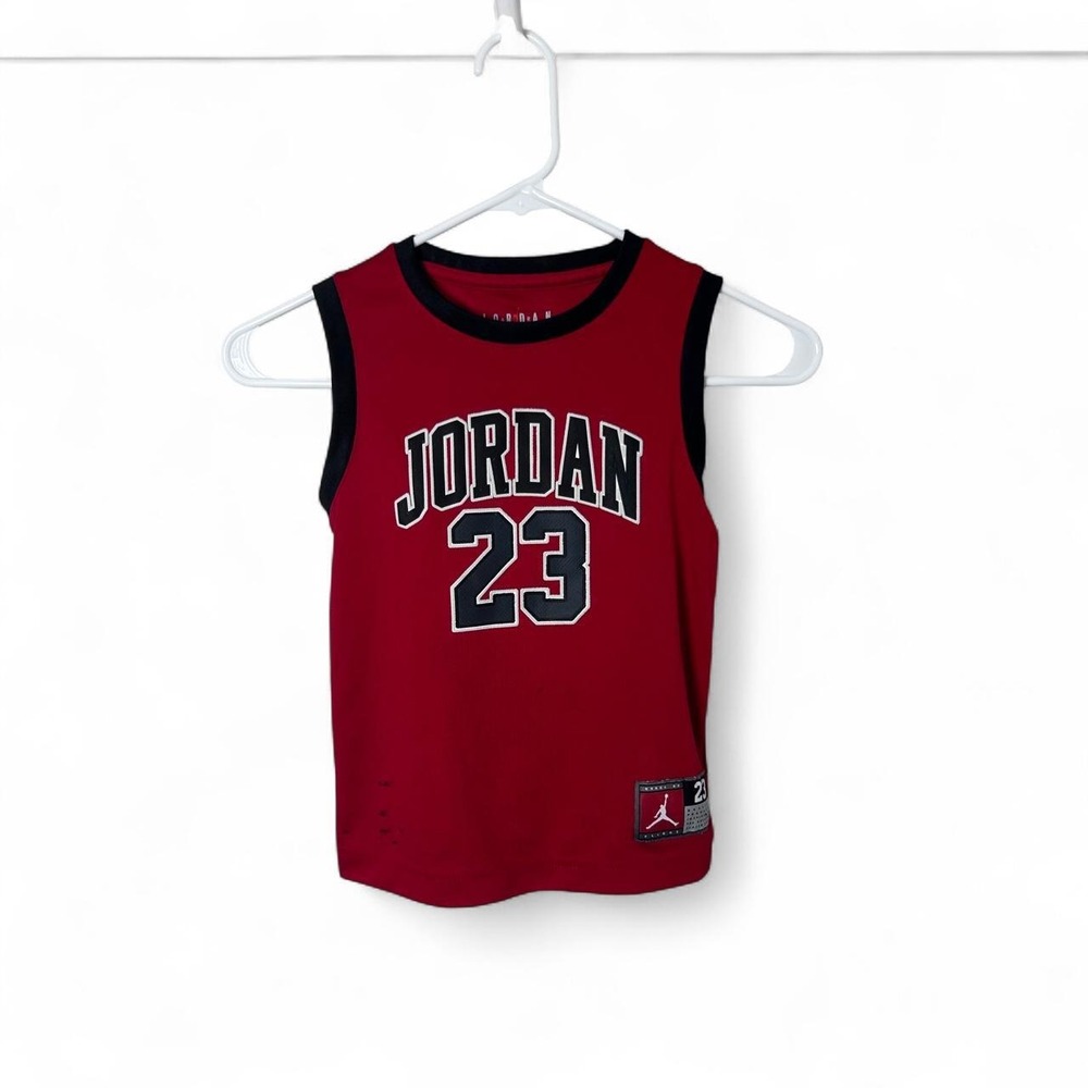 Jordan 23 red kids basketball jersey with black trim, size 5-6 years